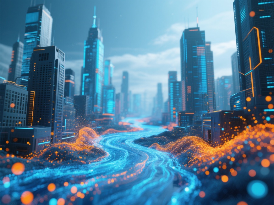 粒子城市建筑，数码粒子，空间感强，科技风，蓝色粒子像河流一样流淌过画面，橙色粒子夹杂在其中，画面高级预览效果