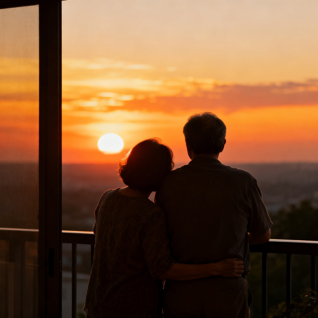 中景画面，一对中年夫妻并肩站在阳台，共同望着远方绚丽的夕阳，他们的身影轻轻靠在一起，姿态放松依偎，没有清晰的面部表情，整体色调采用金色橙色等暖色调，画面宁静充满温情，写实摄影风格，氛围感温暖治愈。预览效果