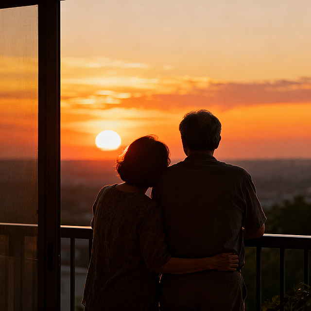中景画面，一对中年夫妻并肩站在阳台，共同望着远方绚丽的夕阳，他们的身影轻轻靠在一起，姿态放松依偎，没有清晰的面部表情，整体色调采用金色橙色等暖色调，画面宁静充满温情，写实摄影风格，氛围感温暖治愈。