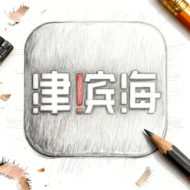 参考第一张图的铅笔手绘草稿风格，严格保留第二张图的文字"津滨海"和图标圆角矩形结构，重新绘制出完整的铅笔素描手稿效果，在白色画纸上绘制，保留铅笔屑和绘图工具细节预览效果