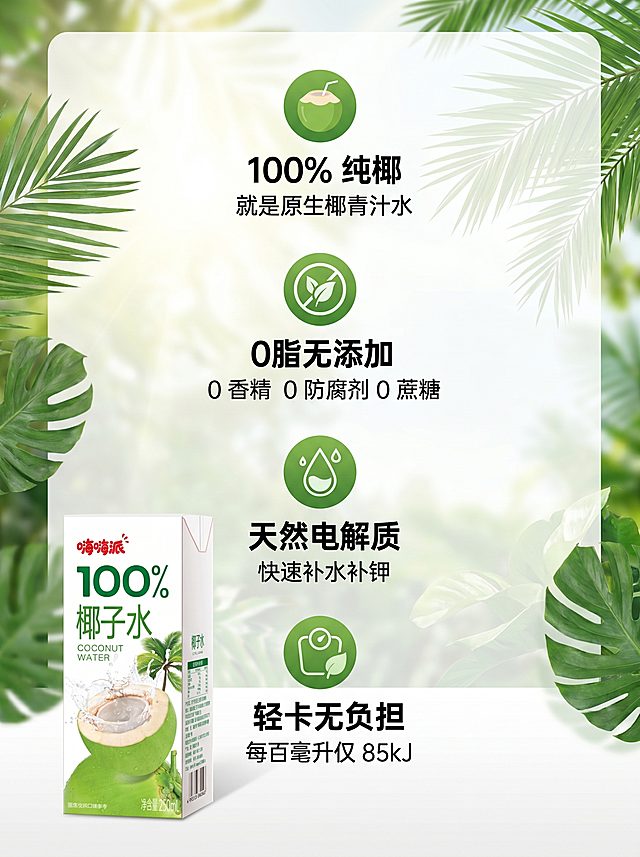 嗨嗨派100%纯椰子水详情页核心卖点速览板块单张，3:4手机竖版。风格清新自然 森系热带ins风，主色调清新椰绿+纯净白，干净通透。四个圆角简约绿色小图标从上到下排列，每个图标搭配卖点短句，文字加粗突出重点：1. 「100%纯椰」就是原生椰青汁水；2. 「0脂无添加」0香精 0防腐剂 0蔗糖；3. 「天然电解质」快速补水补钾；4. 「轻卡无负担」每百毫升仅85kJ。左下角放置用户上传的单盒小瓶装嗨嗨派100%椰子水展示，保持小瓶装外观、颜色、文字设计和上传图片完全一致，不偏色不变形。排版整齐，留白舒适，文字清晰易读，适配手机竖屏浏览。
[比例分辨率] 3:4 比例，2k 分辨率
[负向提示词] 变形，水印，文字错乱，产品图模糊，背景杂乱，小瓶装改变形偏色。