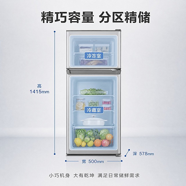 [主图-5] 规格与购买决策，展示冰箱容量分区与尺寸规格，帮助用户确认是否满足需求。
[统一基调] 京东品质感、简洁稳重、冷灰科技色系、文字占比<30%、一图一重点；主标题用粗黑体深灰色，辅助文字用中灰细体，强调色用科技蓝；卡片与图标统一圆角矩形，整体留白充足，高端家电商业摄影质感。
[画面] 海尔银色双门小冰箱位于画面中央，产品占画面约50%，正面展示。冰箱门体呈半透明示意状态，内部可以看到上下两层分区结构——上层冷冻室、下层冷藏室，各层有搁架示意，用分区线和标签标注"冷冻室"和"冷藏室"，体现"精储"分区概念。冰箱左右两侧用尺寸标注线展示高度和宽度比例，标注简洁清晰。画面顶部主标题"精巧容量 分区精储"，底部有一行辅助信息"小巧机身 大有乾坤 满足日常储鲜需求"。背景为浅冷灰色，干净简洁。
[光影质感] 商业摄影质感，冰箱主体光影与首图统一，内部半透明示意有柔和光效，分区线清晰但不突兀，整体干净专业。
[配色] 背景浅冷灰，产品银灰金属色，分区线和标注用科技蓝，文字深灰+蓝色强调。
[文字版式] 顶部主标题居中粗体大字，冰箱内部有分区标签文字，尺寸标注在线条旁，底部辅助文字小号细体。所有文字均在负空间或半透明区域，不遮挡产品关键外观。字体统一无衬线体。
[输出要求] 1:1正方形比例，2048x2048，2K分辨率，产品清晰，分区示意清楚，文字标注可读。禁止：虚构具体容量升数数字、产品结构变形、满屏参数表、京东Logo、水印、模糊杂乱。