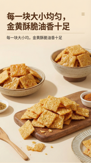 塔塔瓦0糖小米锅巴电商详情页，延续首图设计风格，9:16尺寸，浅米色背景，特写展示多块酥脆锅巴，表面均匀附着调料，突出大小均匀的块状形态和金黄油亮的酥脆质感，文字说明"每一块大小均匀，金黄酥脆油香十足预览效果
