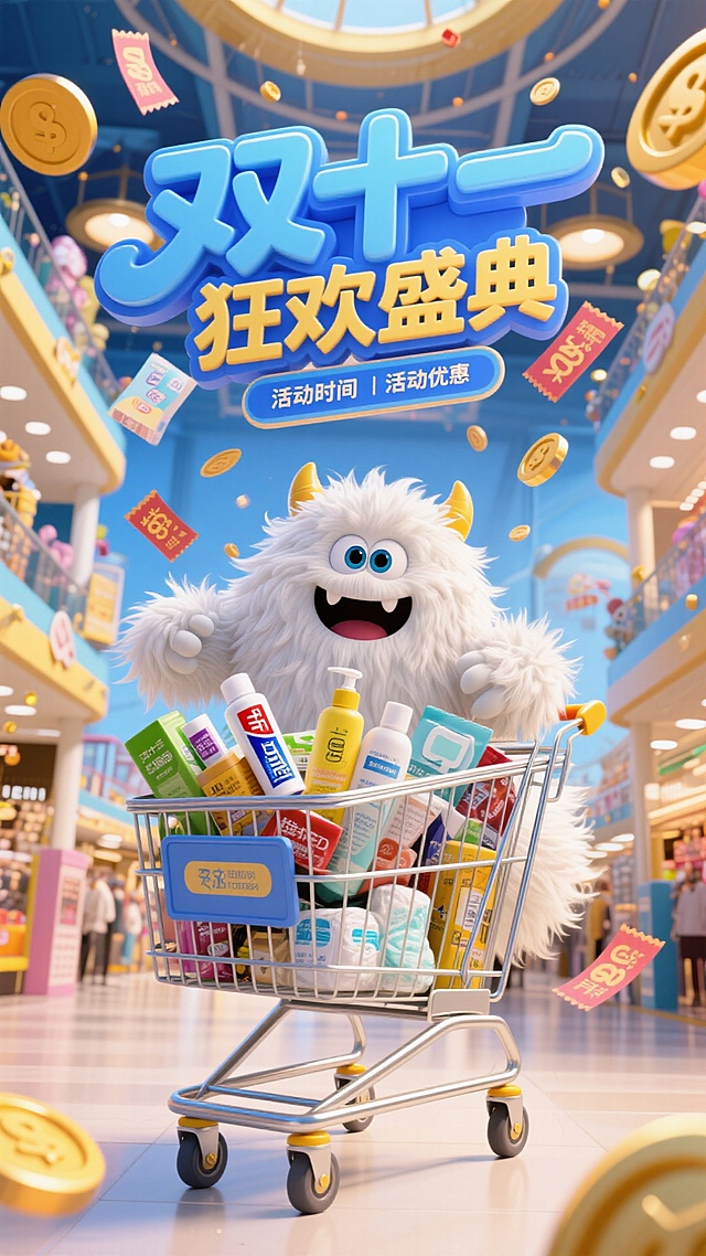 3D卡通风格。一个商场，一个毛茸茸的白色怪兽推着购物车，购物车里有日用产品。主标题立体字“双十一”显示在怪兽身后的一个店铺顶部，副标题“狂欢盛典”。周围飘着优惠券和金币。背景是节日氛围的漩涡。明亮的蓝黄配色