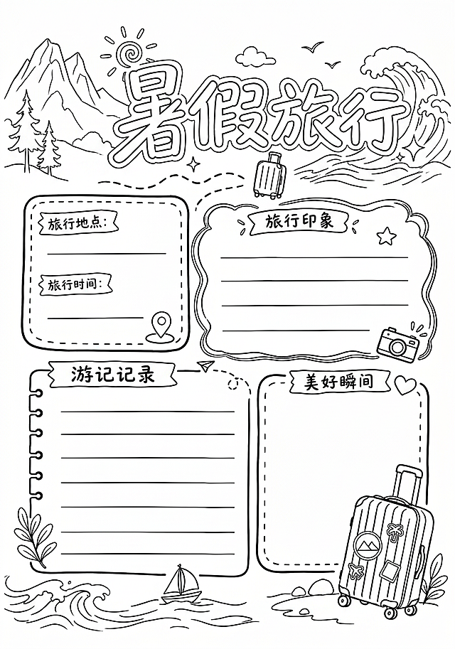 将这张暑假旅行手抄报转为线稿图，保留所有元素和轮廓，只保留线条，去除所有填充颜色