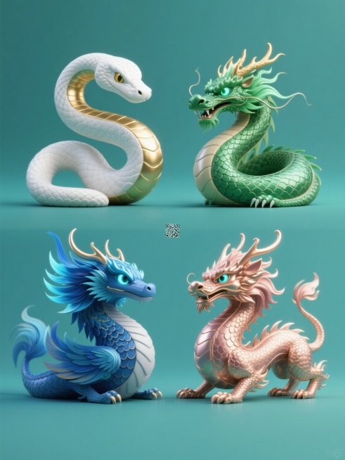 一组四个规整排布的3D渲染动物图腾系列素材，每个元素保持相同的高细节光滑材质、写实光影效果、蜷曲姿态和独立纯色背景，但整体色彩方案各不相同，包含白金色蛇、翡翠绿龙、钴蓝凤凰、玫瑰金麒麟，每个生物具有锐利发光的眼睛和鳞片/羽毛纹理，画面构图对称平衡，风格统一为现代奇幻装饰艺术，无文字和二维码元素。预览效果