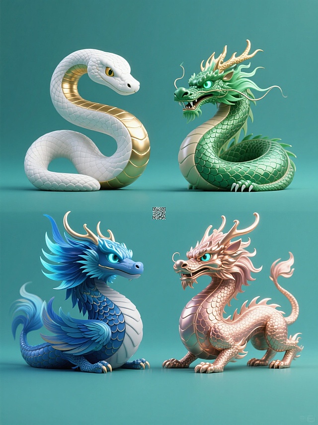 一组四个规整排布的3D渲染动物图腾系列素材，每个元素保持相同的高细节光滑材质、写实光影效果、蜷曲姿态和独立纯色背景，但整体色彩方案各不相同，包含白金色蛇、翡翠绿龙、钴蓝凤凰、玫瑰金麒麟，每个生物具有锐利发光的眼睛和鳞片/羽毛纹理，画面构图对称平衡，风格统一为现代奇幻装饰艺术，无文字和二维码元素。