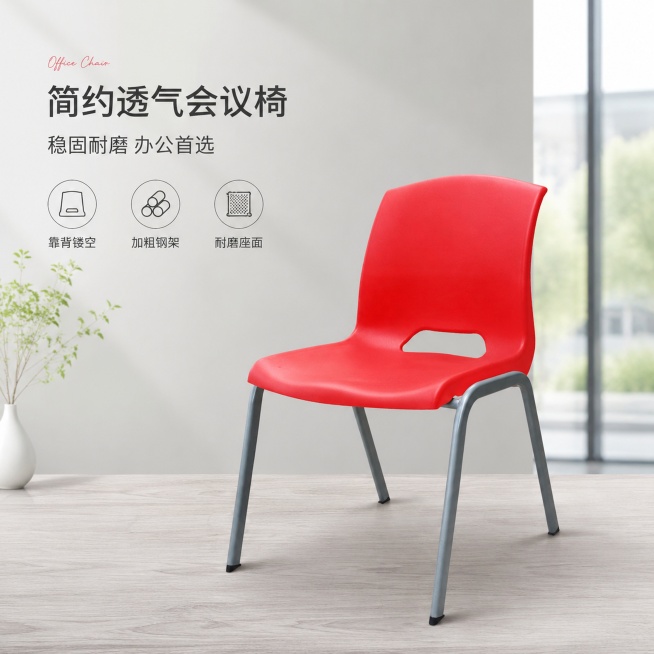 [单张主图] 商品名称为红色会议椅，选择高级氛围感主图，生成淘宝天猫平台电商主图。
[画面主体] 保留输入图片中会议椅的外观、物理结构、材质质感和颜色，红色靠背坐垫搭配灰色金属椅腿，结构完全一致，杜绝预览效果