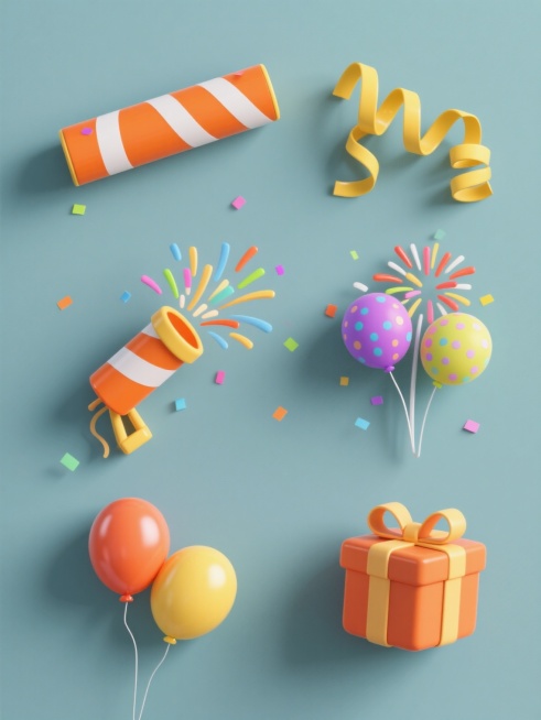 3D风格插画，六个规整排布的派对元素，包括橙色带白色条纹的拉花、黄色螺旋彩带、喷射彩色纸屑的礼炮、绽放的烟花、彩色气球和带蝴蝶结的礼盒，每个元素造型简约现代，具有光滑的塑料质感和清晰的高光阴影，整体置于纯色背景上，无任何文字、logo和水印。预览效果