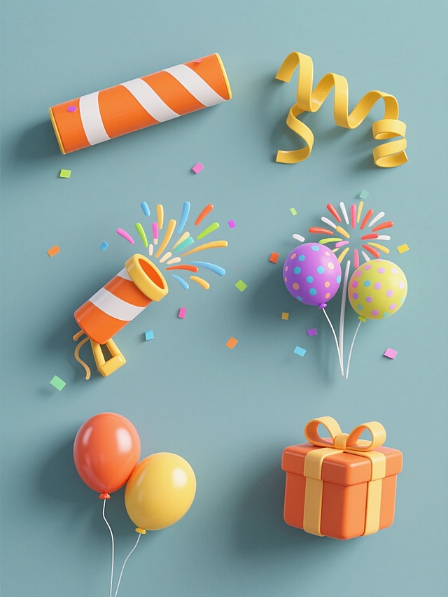 3D风格插画，六个规整排布的派对元素，包括橙色带白色条纹的拉花、黄色螺旋彩带、喷射彩色纸屑的礼炮、绽放的烟花、彩色气球和带蝴蝶结的礼盒，每个元素造型简约现代，具有光滑的塑料质感和清晰的高光阴影，整体置于纯色背景上，无任何文字、logo和水印。