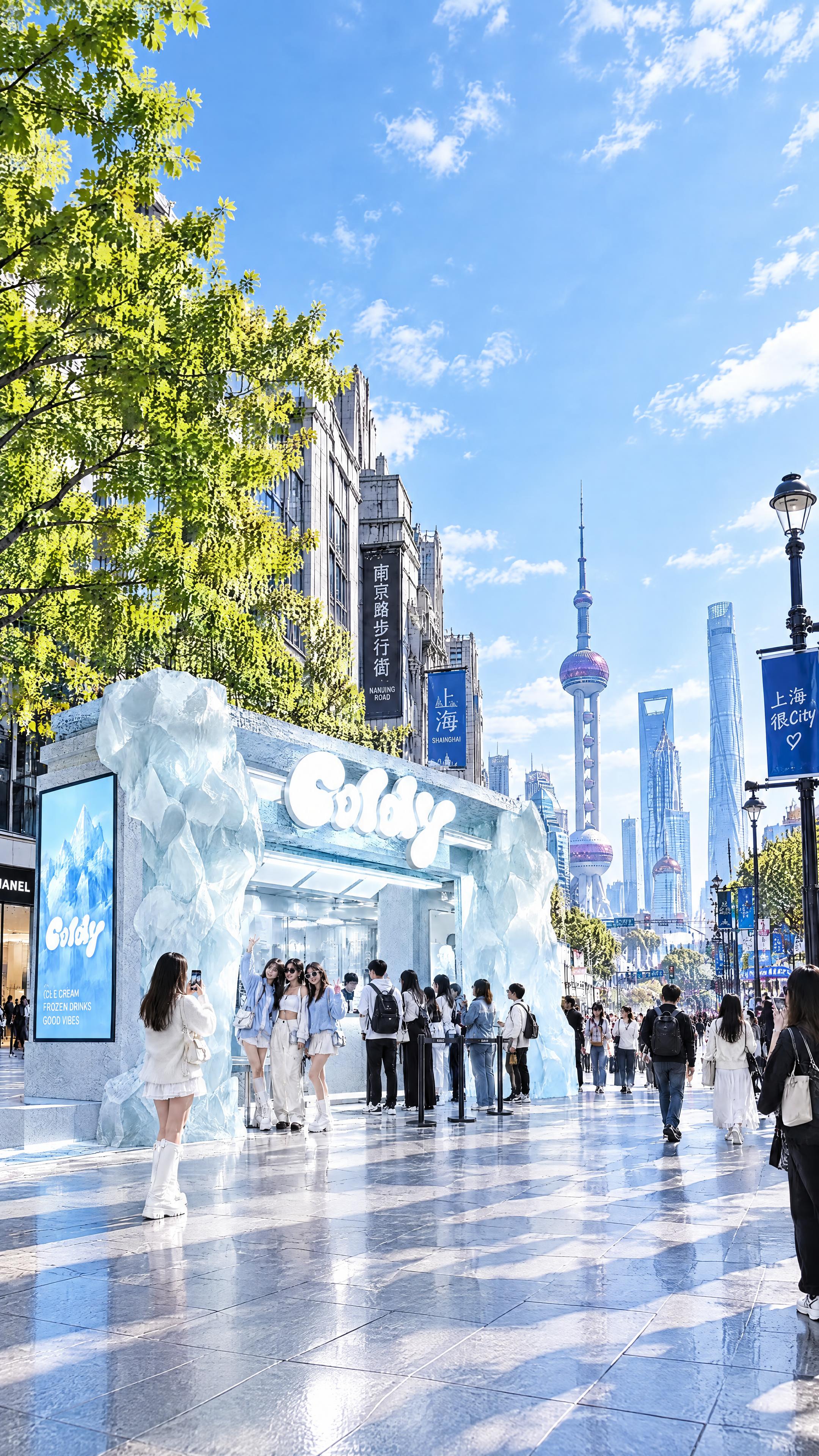 将这张Coldy冰川风格店铺的上海街景图调整为竖版构图，保持店… - 图片创意预览
