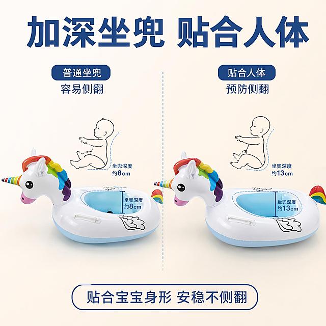 「图片1」「图片1」「图片1」，生成电商主图（5张），商品名称是彩色独角兽坐圈，卖点是加深坐兜，贴合人体结构预防侧翻，与水流变化设计 清凉畅游，防漏气设计，密封性更强，即使无意打开也不会漏气，安全又舒适，环保PVC材质，安心游，孩子更喜欢，适配抖音平台，主图比例为1:1