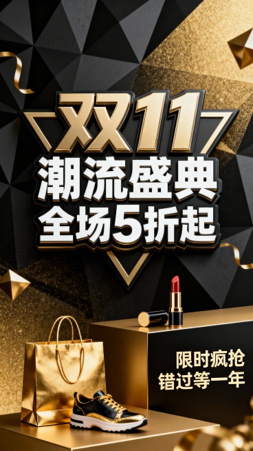 黑金色调为主的双11促销海报，背景是带有几何纹理的黑金渐变，中央是立体的“双11”艺术字，搭配“潮流盛典 全场5折起”的白色标语，画面点缀金色购物袋、口红、球鞋等时尚单品，右下角标注“限时疯抢 错过等预览效果