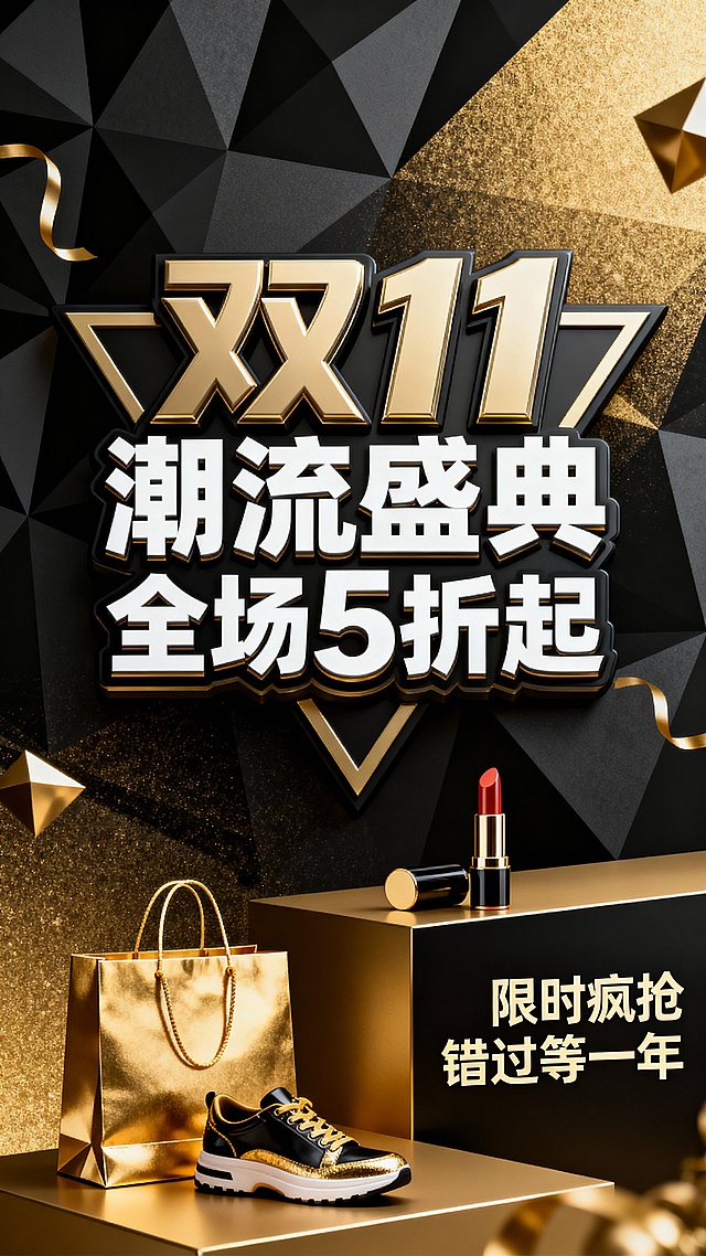 黑金色调为主的双11促销海报，背景是带有几何纹理的黑金渐变，中央是立体的“双11”艺术字，搭配“潮流盛典 全场5折起”的白色标语，画面点缀金色购物袋、口红、球鞋等时尚单品，右下角标注“限时疯抢 错过等一年”，整体风格奢华前卫，突出双11时尚品类的折扣狂欢