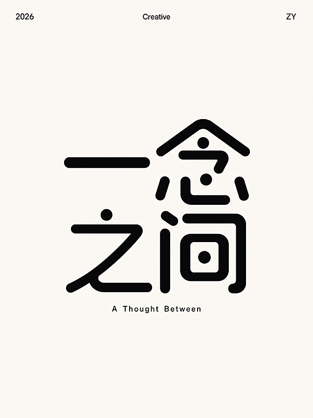 参考图片中的极简黑色圆角粗字体设计风格，重新设计“一念之间”四个汉字的广告设计字体，保留整体简约留白排版风格，黑色字体，浅色背景，下方小字标注英文"A Thought Between"
