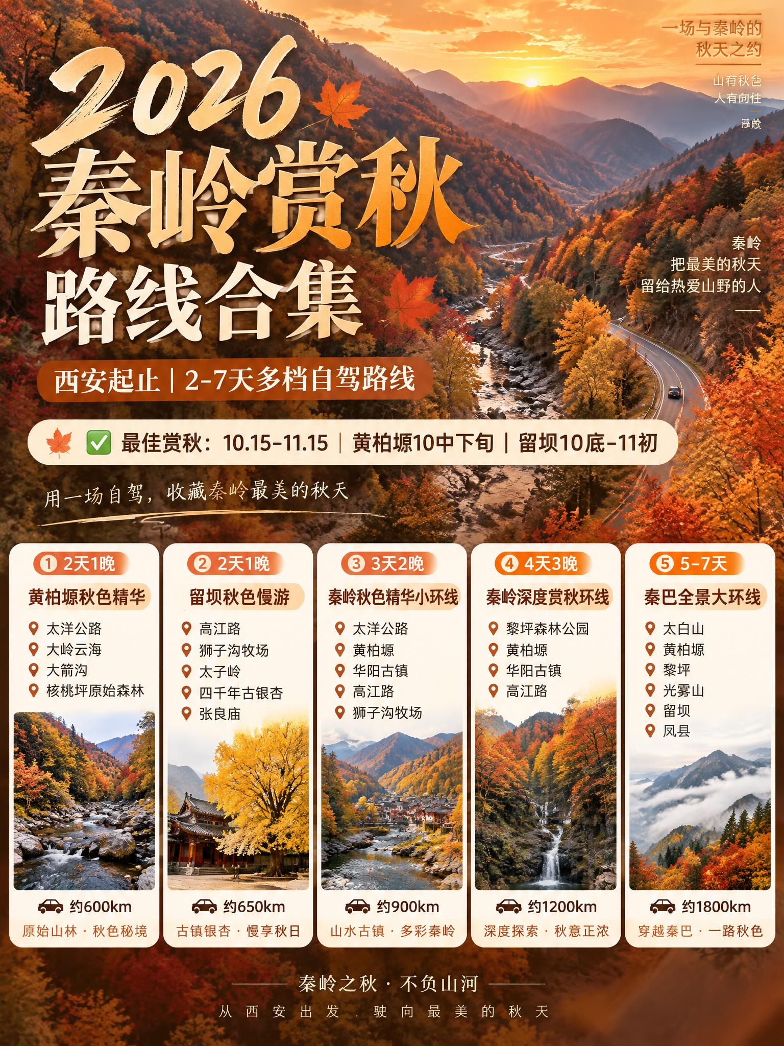 3:4竖版小红书引流海报，2026秦岭赏秋路线合集主题，秋日暖… - 图片创意预览