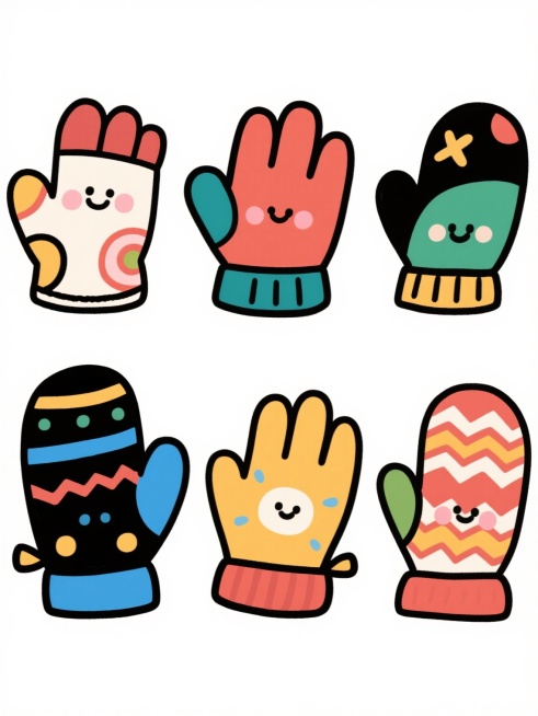 六个不同款式、不同类型、不同样式的手套，采用卡通手绘风格，线条简洁流畅，色彩鲜明，每个手套都有独特的设计元素，如不同的图案、颜色搭配和装饰细节，它们整齐地排列在纯白色背景上，整体画面干净、明快，充满童趣和设计感。预览效果
