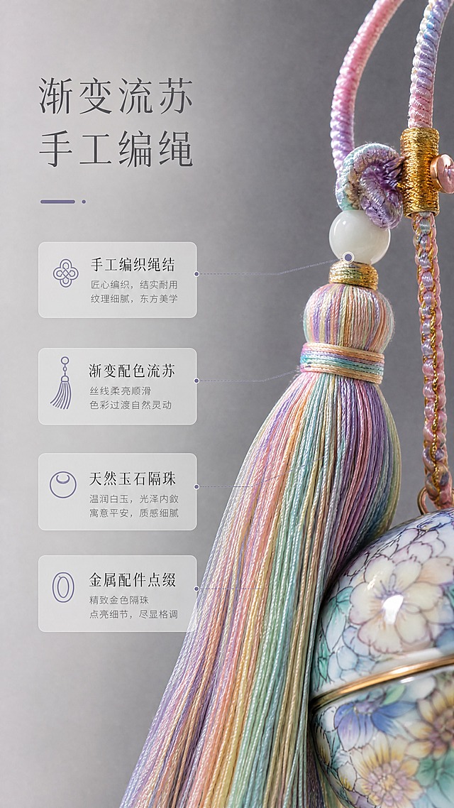 [商品] 使用【图1】骨子里繁花陶瓷香囊球挂饰；保留渐变彩色流苏、手工编绳挂绳、白色圆珠、金色隔珠的结构、颜色和材质；放大流苏与编绳细节，展现丝线光泽与编织纹理，流苏垂坠感自然柔顺。
[画面] 页面目标：流苏编绳细节展示，强调手工质感与配色美学。构图：右侧大特写流苏与编绳占画面55%，左侧留白放文字，右实左虚。景别：微距特写。阅读动线：左上标题→右侧流苏编绳微距→左侧卖点文字。前中后景：前景流苏丝线根根清晰、中景编绳纹理分明、后景渐变灰背景柔和虚化。
[视觉] 套系策略：风格=东方雅致简约高级商业摄影；标题字=纤细宋体衬线体；正文字=现代无衬线细体；主色=渐变灰（浅灰至中灰过渡）；背景延展=基于渐变灰做深浅层级、细腻雾面质感与柔和侧光；强调色=雾霾蓝紫，仅用于小面积图标、引线和标签点缀；标题色=深炭灰；正文色=中暖灰；组件=细线引线、极细分割线、圆角浅灰信息卡；光影=右前侧柔光灯影，陶瓷表面呈现自然高光反射。
[文字] 左上主标题「渐变流苏 手工编绳」，下方4个卖点：手工编织绳结 / 渐变配色流苏 / 天然玉石隔珠 / 金属配件点缀。细线引向编绳、流苏、隔珠对应部位。文字横排，字号清晰可读。
[规格] 图片比例9:16竖版，4K分辨率，负向提示：避免变形、错字、文字过小、冷蓝背景、颜色改变、纹理错乱、结构失真、绝对化用语。