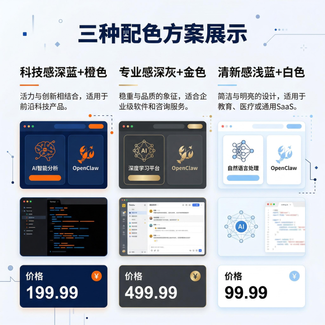 科技感深蓝+橙色、专业感深灰+金色、清新感浅蓝+白色三种配色方案展示，标题用思源黑体Bold，正文用思源黑体Regular，价格用Arial Bold，画面包含OpenClaw小龙虾logo、AI相关预览效果