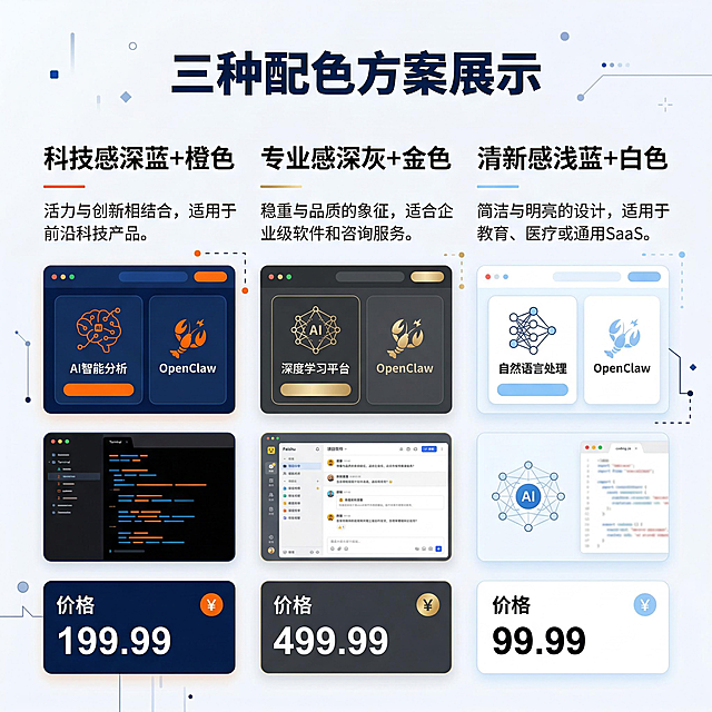 科技感深蓝+橙色、专业感深灰+金色、清新感浅蓝+白色三种配色方案展示，标题用思源黑体Bold，正文用思源黑体Regular，价格用Arial Bold，画面包含OpenClaw小龙虾logo、AI相关图标、代码终端截图、飞书界面截图，整体布局协调统一