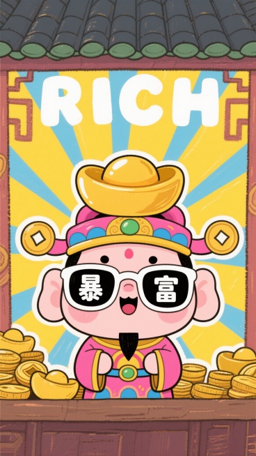 Q版财神，粉色描边，头顶大大的金元宝，戴着白色镜框墨镜，镜片上分别有白色的“暴”和“富”字，黄色放射线背景，上方有“RICH”字样，可爱卡通风格，明亮色彩预览效果