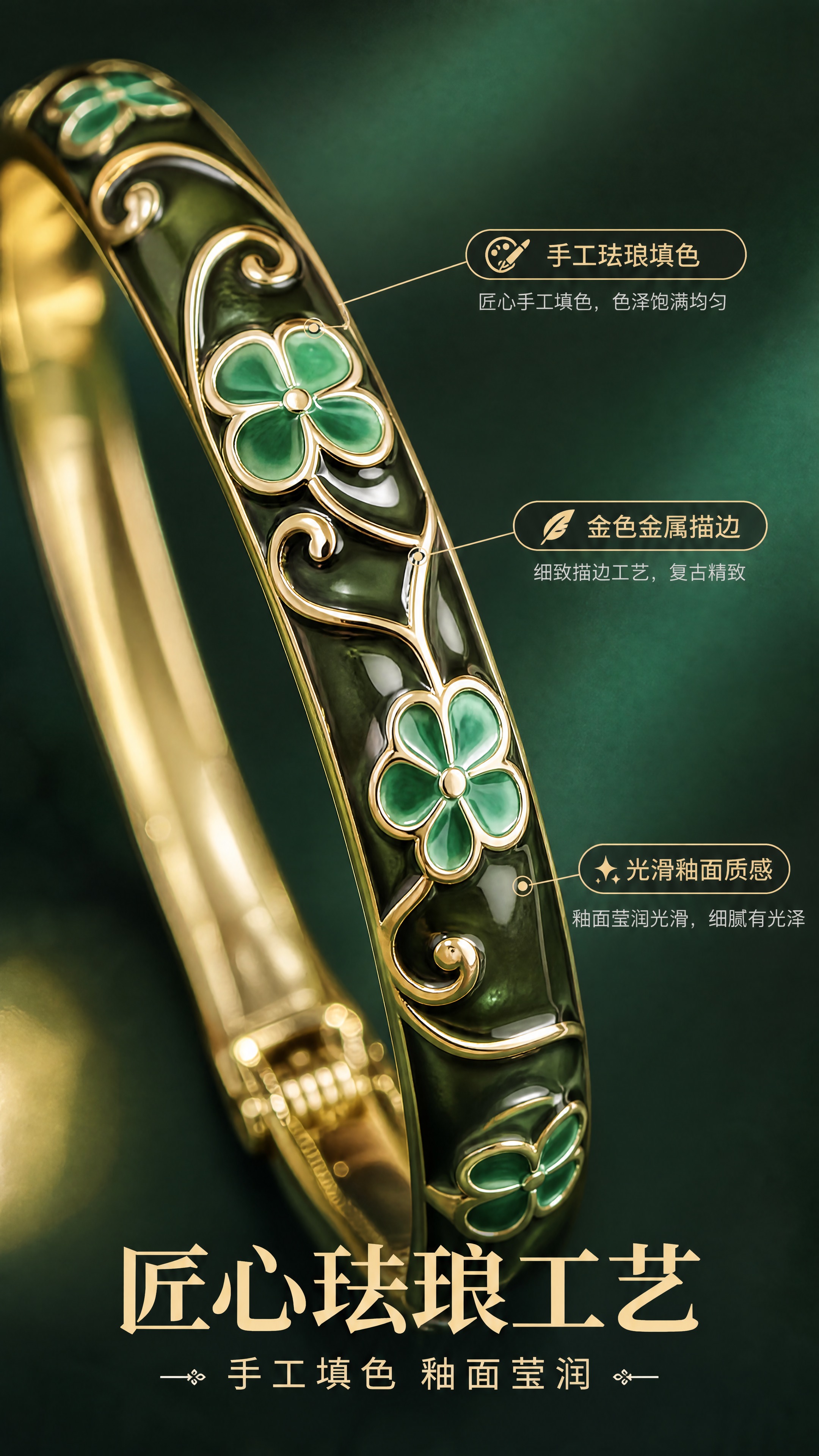 [商品] 使用【图1】复古珐琅花朵开口手镯；保留墨绿色珐琅底色… - 图片创意预览