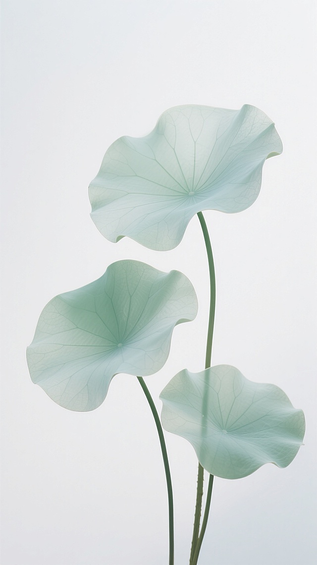 简约中式风格背景，大片纯净的白色背景营造出极致的中式留白意境，三枚半透明的荷叶以自然舒展的姿态分布，荷叶呈现出淡绿色至青绿色的渐变色调，清晰可见的叶脉如网状般细致延伸，叶柄细长挺拔，整体画面散发着宁静、雅致、空灵的东方韵味，光影柔和，色彩清新淡雅，构图疏朗有致。