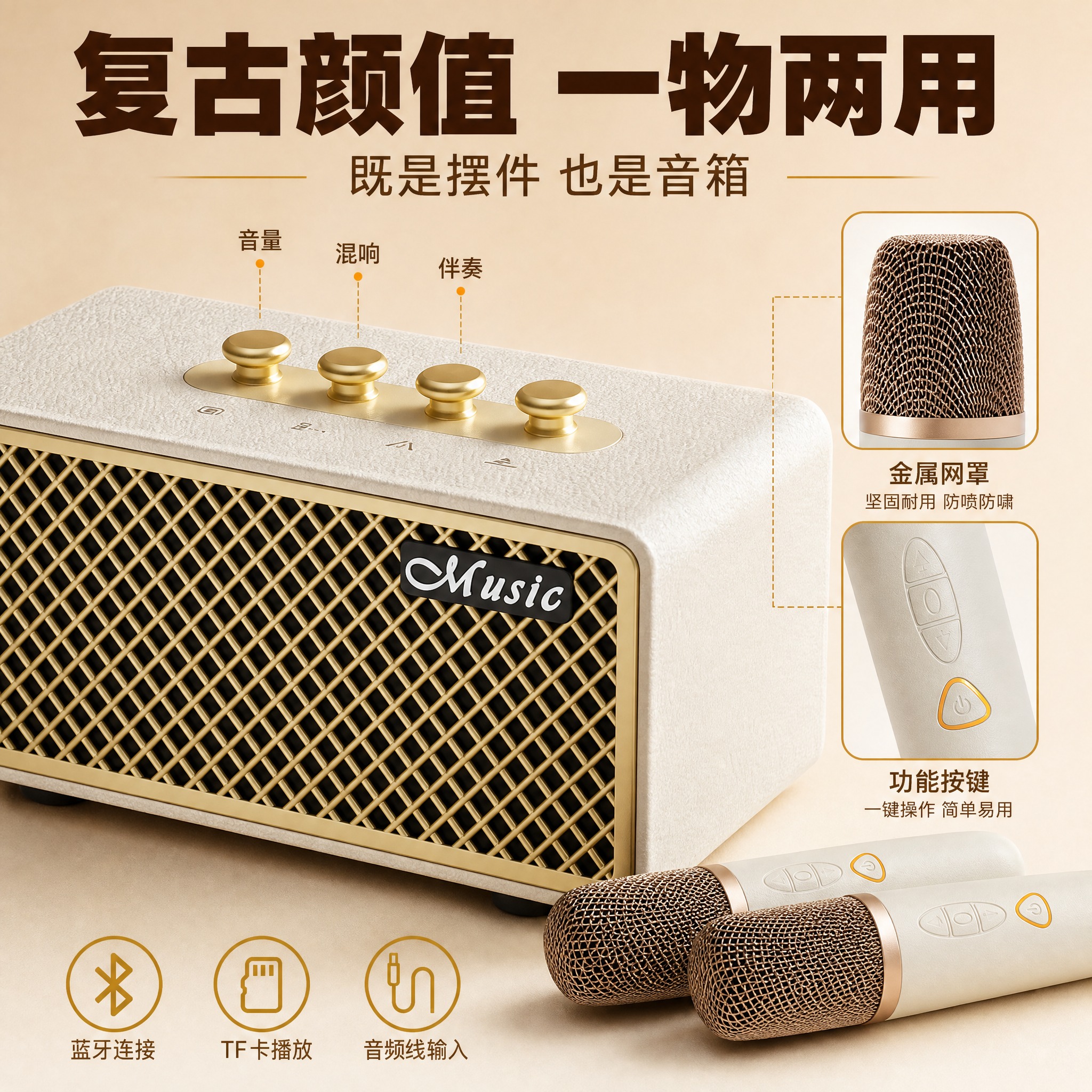 [主图-3] 产品证据/结构细节：复古皮革箱体、金属网罩、顶部… - 图片创意预览
