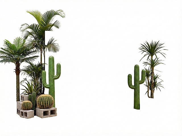 单独抠出图片中左右两侧所有绿植，去掉其他所有元素，保留绿植完整轮廓，背景为纯白色