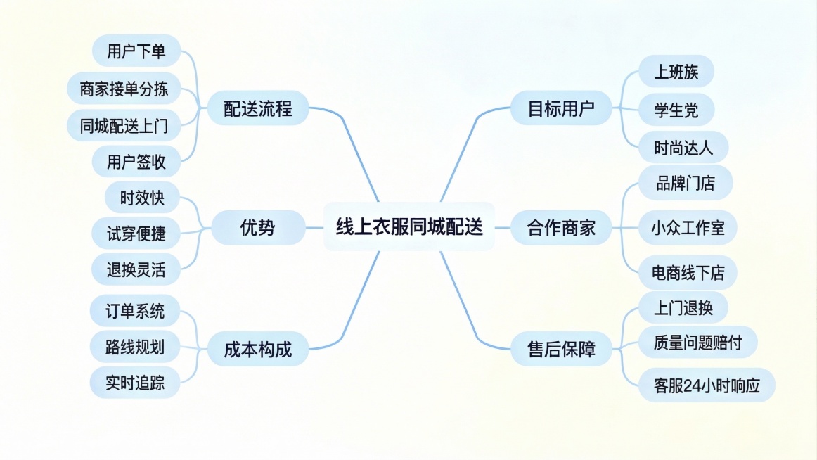 完善线上衣服同城配送思维导图，配送流程细化为用户下单、商家接单分拣、同城配送上门、用户签收；优势细化为时效快、试穿便捷、退换灵活；目标用户细化为上班族、学生党、时尚达人；合作商家细化为品牌门店、小众工预览效果
