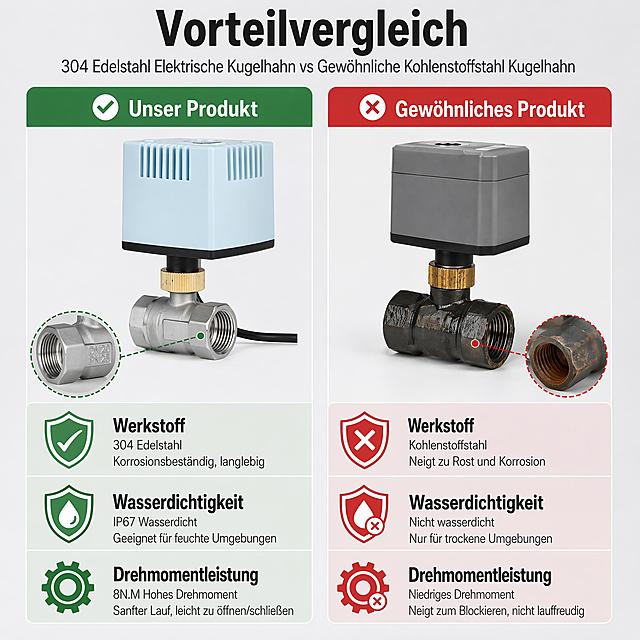 Dieses Bild beibehalten, alle englischen Texte ins Deutsche übersetzen. Titel Advantage Comparison -> Vorteilvergleich; Untertitel 304 Stainless Steel Electric Ball Valve vs Ordinary Carbon Steel Ball Valve -> 304 Edelstahl Elektrische Kugelhahn vs Gewöhnliche Kohlenstoffstahl Kugelhahn; Our Product -> Unser Produkt; Ordinary Product -> Gewöhnliches Produkt; Material -> Werkstoff; 304 Stainless Steel -> 304 Edelstahl; Corrosion-resistant, durable -> Korrosionsbeständig, langlebig; Carbon Steel -> Kohlenstoffstahl; Prone to rust and corrosion -> Neigt zu Rost und Korrosion; Waterproof Performance -> Wasserdichtigkeit; IP67 Waterproof -> IP67 Wasserdicht; Usable in humid environments -> Geeignet für feuchte Umgebungen; Not Waterproof -> Nicht wasserdicht; For dry environments only -> Nur für trockene Umgebungen; Torque Performance -> Drehmomentleistung; 8N.M High Torque -> 8N.M Hohes Drehmoment; Smooth operation, easy to open/close -> Sanfter Lauf, leicht zu öffnen/schließen; Low Torque -> Niedriges Drehmoment; Prone to stalling, not smooth -> Neigt zum Blockieren, nicht lauffreudig. Behalten Farbschema, Layout und Produktform unverändert bei, nur Texte übersetzen.