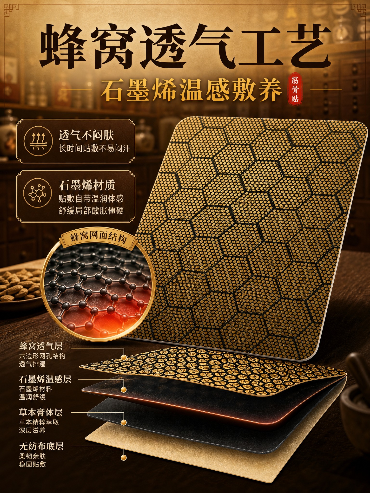 [主图-3] 材质细节图，主题为蜂窝透气工艺+石墨烯温感敷养，… - 图片创意预览