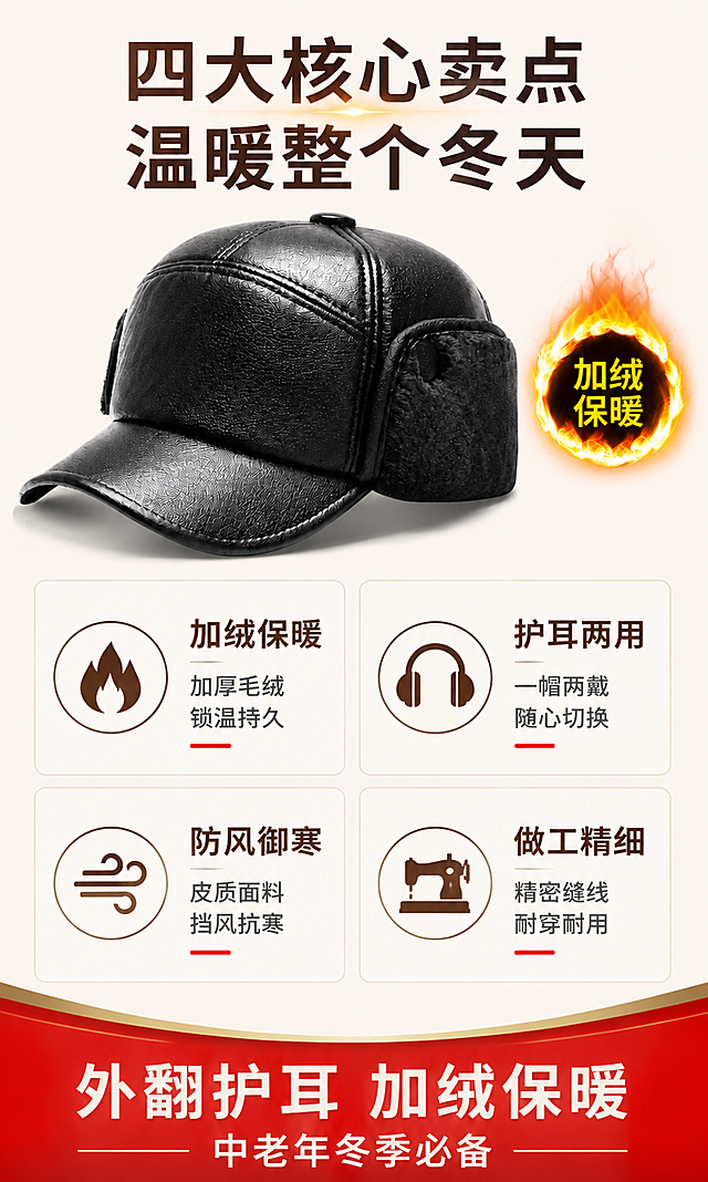 将整张图片的背景色调改为干净的浅米白色（#F8F2E8），保留皮帽产品、火焰图标、四个卖点卡片、底部红色横幅等所有主体内容不变，帽子款式、皮质纹理完全保持原样；将原深棕红渐变背景全部替换为纯净的浅米白色渐变背景，整体明亮干净；顶部标题'四大核心卖点 温暖整个冬天'颜色改为深棕色；右侧火焰加绒保暧图标保留；四个卖点卡片的深棕色底改为白色圆角卡片带浅灰边框，图标和标题文字改为深棕色，说明文字改为中灰色，底部红色短线保留；底部红色横幅保留；整体风格简洁干净，适合1688批发平台。