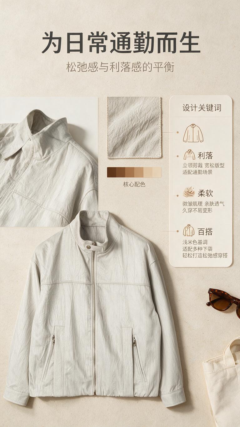 [商品] 使用【图1】浅米色立领肌理感休闲夹克；商品处理：保留… - 图片创意预览