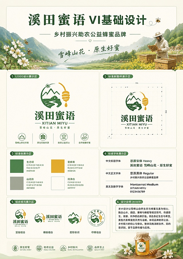 竖版A3尺寸的溪田蜜语品牌VI基础设计展板，现代简约风格，展示乡村振兴助农公益蜂蜜品牌。画面包含：大标题"溪田蜜语 VI基础设计"，副标题"乡村振兴助农公益蜂蜜品牌"，装饰文字"雪峰山花 · 原生好蜜"。展板分区排版：LOGO设计展示区、标准制图样展示区、标准色展示区、标准字体展示区、组合规范展示区，右下角预留100字设计说明区域。整体风格清新自然，体现原生态蜂蜜和助农公益主题，版式精美清晰，信息层级分明，所有文字清晰可读，四边预留安全边距。