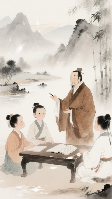 中国古风教师节插画：主体为着棕色长袍的古代学者（老师）温和授教，两汉服学童围立书卷小桌旁，专注聆听。

构图以 “前景人物 + 背景山水” 分层，显主次空间。背景是淡雅水墨山水，远山、河流、竹林交织，预览效果