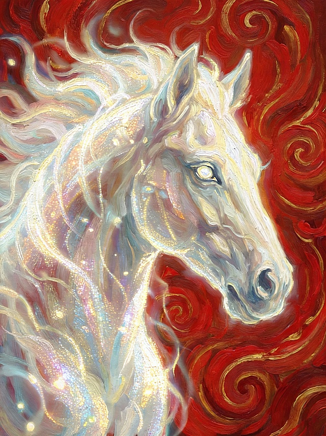 梦幻光影交织的白骏马，油画厚涂质感，粒子流动如星尘，红金漩涡背景营造神圣氛围，插画风呈现虚拟自然之美。