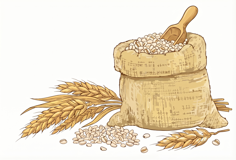 参考当前插画，将图中的小麦更换为薏苡穗，保持整体手绘插画风格、暖黄色调和白色背景不变，麻袋里和散落的保持为薏仁预览效果