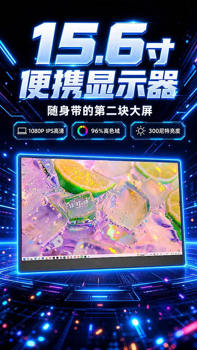 [商品] 使用【图4】15.6寸便携显示器正面亮屏图；保留屏幕边框、黑色外壳、屏幕显示内容、整体比例和结构，不改变原图样式；产品清晰完整展示。
[画面] 目标：硬核头图，超强视觉冲击，突出便携显示器大屏高清核心卖点；构图：上半部分超大标题文案，下半部分产品正面大图悬浮居中，产品占画面55%，带强烈发光效果；阅读动线：从上到下，先看大标题再看产品；前景霓虹光效粒子，中景产品主体带蓝色发光轮廓，背景深黑渐变加赛博朋克风格发光线条和几何光效。
[视觉] 套系策略：风格=科技赛博朋克风+拼多多爆款大字报风格；标题字=超粗无衬线大字，带渐变发光效果；正文字=现代无衬线体；主色=深邃黑+电光蓝+霓虹青；背景延展=纯黑到深蓝渐变，带蓝色发光线条、网格光效、粒子光斑；强调色=霓虹青色高光；标题色=白蓝渐变发光；正文色=亮白色；组件=蓝青色发光描边信息卡、发光引线、霓虹光效圆点装饰；光影=屏幕自发光+产品轮廓蓝光，强烈明暗对比，科技感拉满。
[文字] 顶部超大标题"15.6寸便携显示器"，副标题"随身带的第二块大屏"，右侧3个发光卖点胶囊："1080P IPS高清"、"96%高色域"、"300尼特亮度"，文字全部横排，不遮挡屏幕主体，标题带发光效果。
[规格] 图片比例9:16竖版，4K，负向提示：避免变形、错字、文字过小、产品颜色改变、结构失真、竖排文字、低对比度、灰暗平淡。