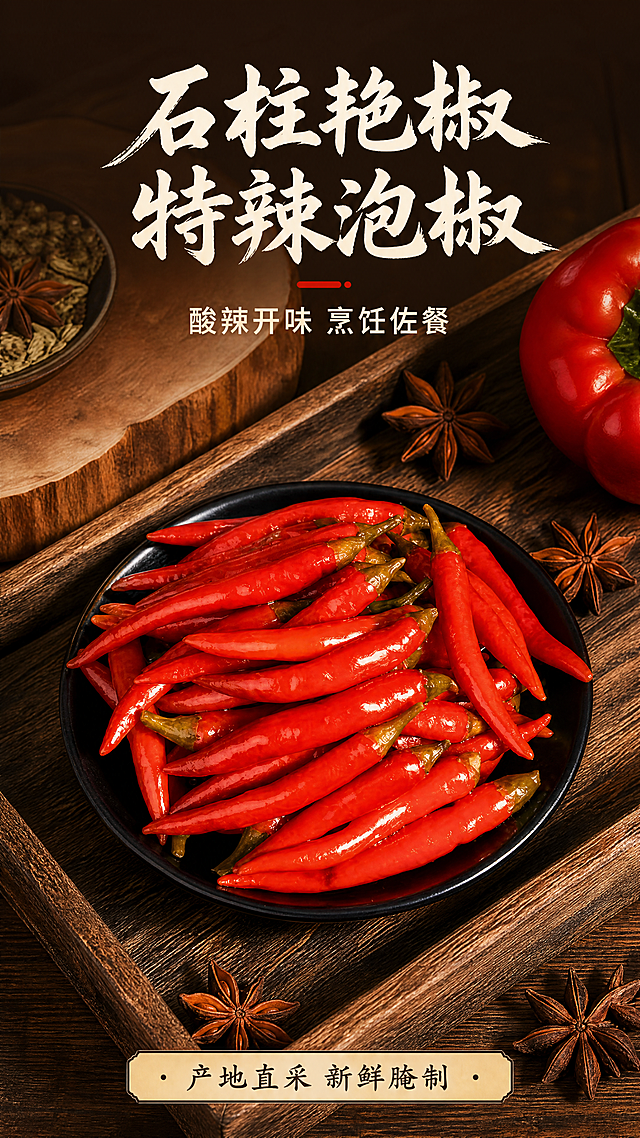 [第1屏] 详情页头图-石柱艳椒特辣泡椒主视觉宣传图。
[氛围/风格] 地道农家美食风，浓郁烟火气，高食欲商业摄影质感，真实自然。
[元素布局] 本屏使用【图1】作为商品主体，艳椒泡椒整体放置在画面中下部区域，占画面65%-70%主体位置。保持艳椒泡椒鲜红色泽、细长外形、果柄黄绿色的物理结构和质感与输入产品图一致。背景为做旧深棕色木质托盘，左上角加入木片切片，右上角加入完整红甜椒，四周散落八角香料作为前景和背景装饰，层次丰富。整体画面干净，突出泡椒主体。
[光影质感] 上方柔和主光，均匀照亮泡椒整体，突出表面湿润光泽感，底部形成自然投影，明暗层次清晰，泡椒颗粒边缘清晰真实。
[配色色系] 全局底色：#3C2818（深棕木色）；主体配色：#E52222（艳椒鲜红色）+ #B8A965（果柄黄绿色）；辅助色：#8B5A2B（木色）+ #FFFFFF（标题字）。
[视角构图] 俯视45°拍摄，主体位于画面偏下区域，上方预留充足标题区域，视觉上宽高构图平衡，适合手机竖屏阅读。
[文字版式] 采用上文下图排版，顶部区域为标题区。主标题 "石柱艳椒 特辣泡椒" 使用温润书法风格字体，米白色，大号字居中展示；副标题 "酸辣开味 烹饪佐餐" 使用同风格小号字居中，主标题下方配细红线装饰。底部保留浅米黄信息条，标注 "产地直采 新鲜腌制"，文字不遮挡主体泡椒。字体风格统一为温润书法标题+同家族无衬线正文，字色仅米白一种，纯色填充字效。
[比例分辨率] 宽高比9:16，4K分辨率，文字清晰可辨，超高清。
[负向提示词] 泡椒变形，颜色偏差，果柄缺失，文字错乱，水印，产品图模糊，背景杂乱，诱导按钮，绝对化宣传词。