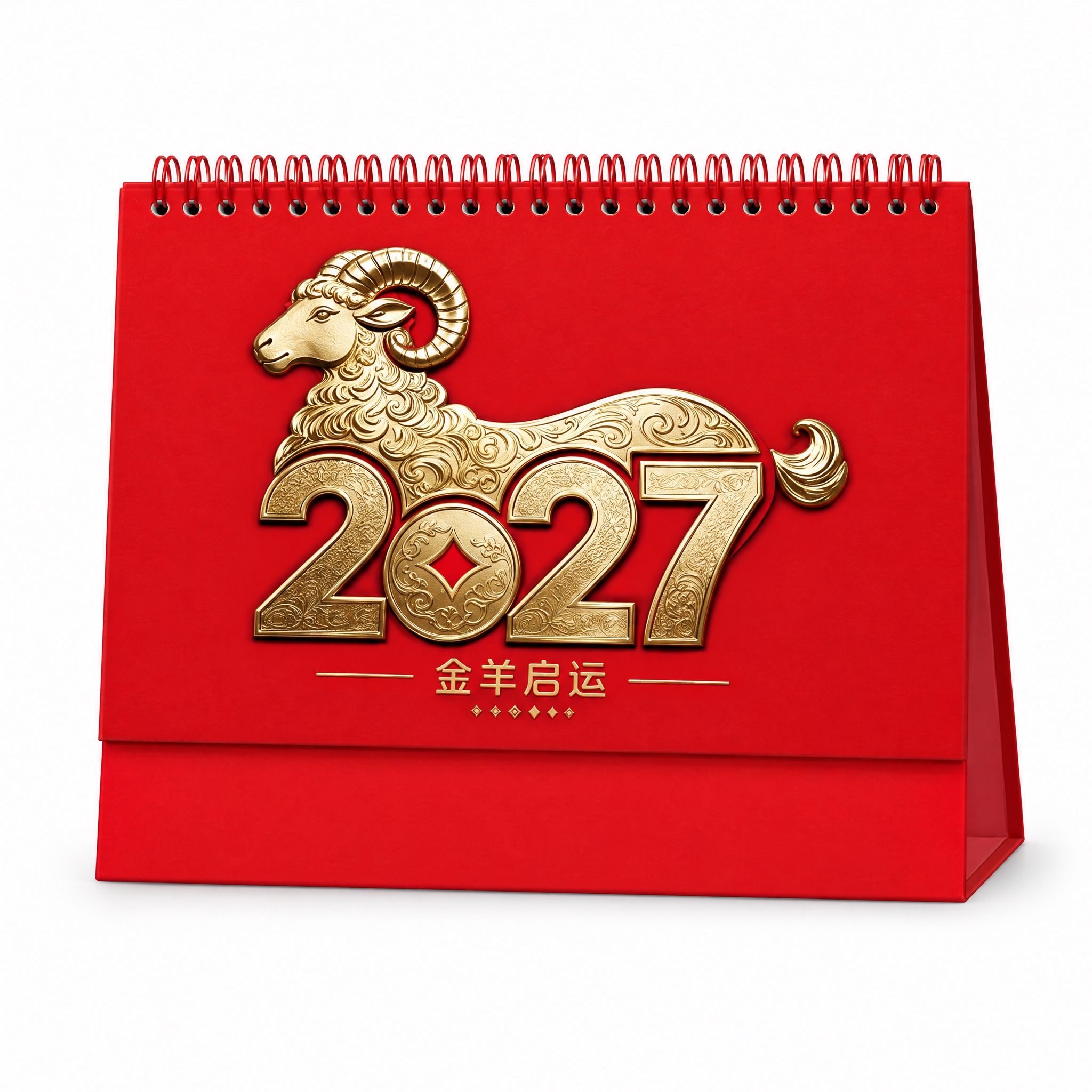 生成金羊启运款台历白底图。纯白背景，台历正面完整展示，居中放置… - 图片创意预览