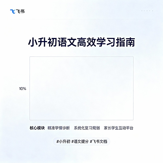 {
  "prompt": "创建一个优雅而专业的背景，用于展示小升初语文提分知识库的飞书文档截图。在页面顶部中央位置添加标题“小升初语文高效学习指南”，使用现代感字体，颜色为深蓝色以突出专业性。在标题下方，留出足够空间放置实际的文档截图（请确保截图周围有至少宽度/高度10%的空白区域，以便于阅读和美观）。在截图下方简要列出几个核心模块或优势点，例如：“精准学情诊断”、“系统化复习规划”、“家长学生互动平台”。在页面底部添加标签如“#小升初 #语文提分 #飞书文档”。整体风格应简洁、清晰，避免过多装饰干扰主要内容。",
  "size": "1080*1440"
}