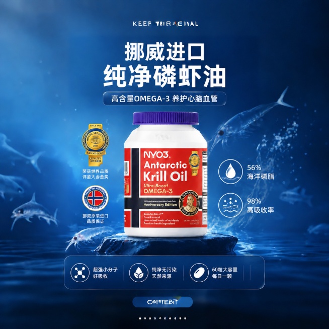 修改这张1:1比例的南极磷虾油卖点图，删除底部原有五个卖点中最右侧的"56%海洋磷脂"和"98%高吸收率"，将这两个卖点移动到磷虾油瓶子的右侧空白区域，竖向排列，保持白色圆形图标+白色文字的设计风格，预览效果
