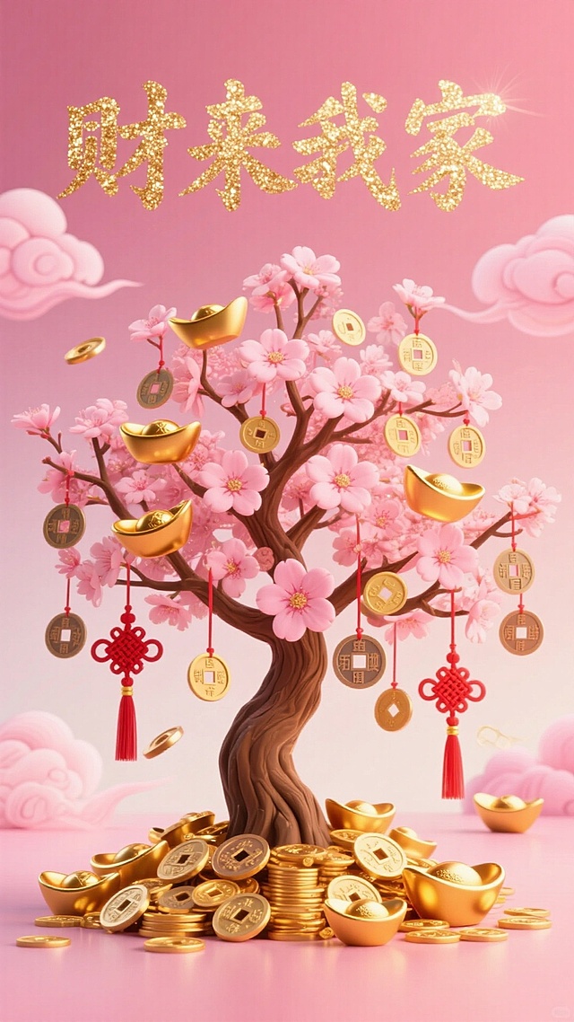 粉系招财树缀铜钱金蟾，配 “财来我家” 及祥云，尽显祥瑞富贵