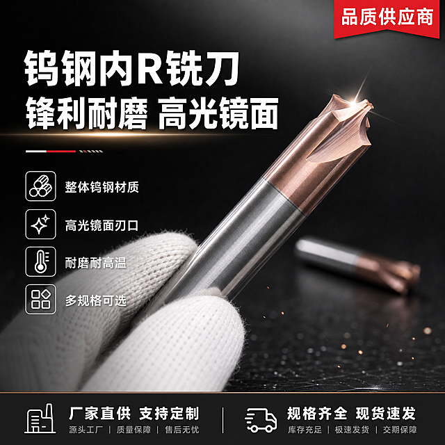 [单张主图] 钨钢内R铣刀（内R倒角刀/圆弧铣刀）电商主图，爆款促销感路线，目标是3秒内传达专业工业品质、锋利耐磨的核心卖点，适配淘宝/天猫平台。

[参考比对] 参考图采用深色渐变背景，左侧白色手套手持刀具，刃口朝向右上方特写展示，右上角有红色品质供应商角标，中部有半透明三角Logo水印，整体突出刀具金属质感和刃口细节。生成时沿用参考图的深色高级背景、手持特写展示方式、右上角品质角标布局，替换为当前产品外观，增加主标题和卖点信息，做成完整电商主图。

[画面主体] 画面左侧一只白色棉手套手持一支钨钢内R铣刀，刀具呈45度角斜向摆放，刃口朝向右上方，占据画面主体位置，主体占比约55%。刀具外观与输入产品图完全一致：银色钨钢刀杆，古铜色涂层刃部，内R圆弧刃口，多刃结构，金属质感强烈，刃口锋利清晰。刀杆表面光滑有金属反光，涂层部分呈现细腻的古铜色金属光泽。背景中可隐约看到另一支同系列刀具虚化作为衬托，增加产品丰富度。

[构图版式] 采用左文右品标签参数型版式变体：左侧约40%区域放置主标题和卖点信息，右侧约60%区域为手持刀具特写主体，右上角放置品质角标，底部放置通栏信息条。

[场景元素] 深灰到黑色的渐变背景，带有微弱的工业质感纹理，底部有轻微反光台面效果。左侧信息区搭配细线条几何装饰元素，增加科技感。右上角红色不规则角标。底部深色通栏信息条。画面中点缀细微的金属高光粒子效果，提升品质感。

[文案版式] 主标题位于左上方，分两行排列，第一行"钨钢内R铣刀"，第二行"锋利耐磨 高光镜面"，字体为粗黑体，白色，字号最大。主标题下方排列4组卖点图标+短句，竖向排列：1. 整体钨钢材质 2. 高光镜面刃口 3. 耐磨耐高温 4. 多规格可选。每组卖点左侧配简约线性图标，右侧白色文字说明。右上角红色角标内白色文字"品质供应商"。底部通栏左侧写"厂家直供 支持定制"，右侧写"规格齐全 现货速发"，白色小字。所有文字清晰可读，不遮挡刀具刃口关键部位。

[光影质感] 商业工业摄影质感，主光从右上方45度照射，在刀具刃口形成明亮的高光带，突出刃口锋利度。刀杆金属表面有清晰的环境反光和明暗过渡，古铜色涂层部分呈现细腻的金属磨砂质感。手套有真实的织物纹理和阴影。刀具在背景台面上有柔和的接触阴影。整体光影对比强烈，突出金属质感和工业品质。

[配色字体] 主色调：深灰黑色背景 + 古铜色金属色 + 白色文字 + 红色强调色。辅助色：银灰色。字体：全部使用粗黑体无衬线字体，主标题字重最大，卖点文字字重中等，角标和底部文字字重稍小。文字与背景高对比度，清晰易读。

[比例分辨率] 1:1正方形比例，2K分辨率，2048x2048像素，文字清晰可辨，产品细节锐利。

[负向提示词] 禁止变形、禁止水印、禁止错字糊字、禁止伪Logo、禁止主体遮挡、禁止背景杂乱、禁止低清晰度、禁止错误结构、禁止玩具感、禁止廉价白底摆拍感、禁止过暗工业棚拍感、禁止手指畸形、禁止穿模、禁止悬浮