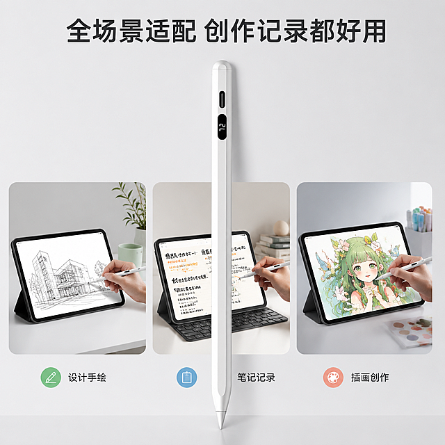 使用电商主图技能生成10张比例1:1的电商主图，适配平台为，商品为「图片1」，商品卖点为全屏防误触、倾斜压感、智能数显，其他要求为结合平板出现，以科技风格为主