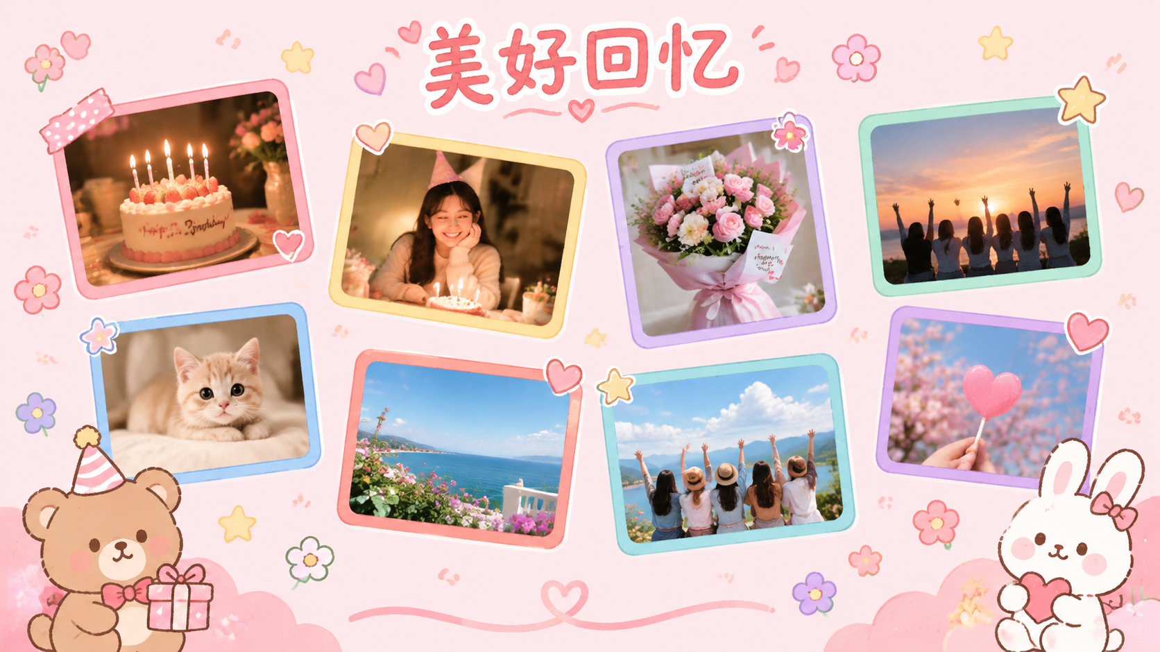 卡通可爱风生日主题PPT照片墙页，横向16:9比例，浅粉色背景… - 图片创意预览