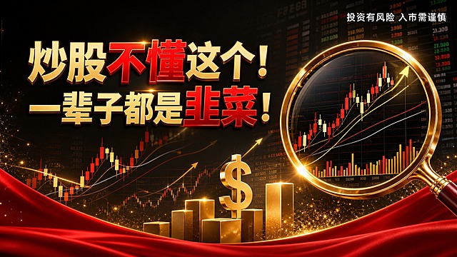 金融股票公众号封面图，16:9横版，参考图风格：黑金红配色，高端大气，底部红色绸缎装饰，金色立体元素。画面左侧为两行大标题文字，第一行"炒股不懂这个！"，第二行"一辈子都是韭菜！"，标题字体为红金渐变立体粗体字，"不懂"和"韭菜"关键字用更醒目的红色突出，字体配色多样合理有层次感，标题醒目大气。右上角有白色小字风险提示："投资有风险 入市需谨慎"。背景为深色渐变，包含上升K线图、股票实盘交易界面、多条上升趋势线等金融相关画面，右侧有金色放大镜放大K线图，底部有金色立体柱状图和美元符号，金色光效粒子飘散，整体风格专业震撼，除了指定标题和风险提示外不要添加其他文案内容。