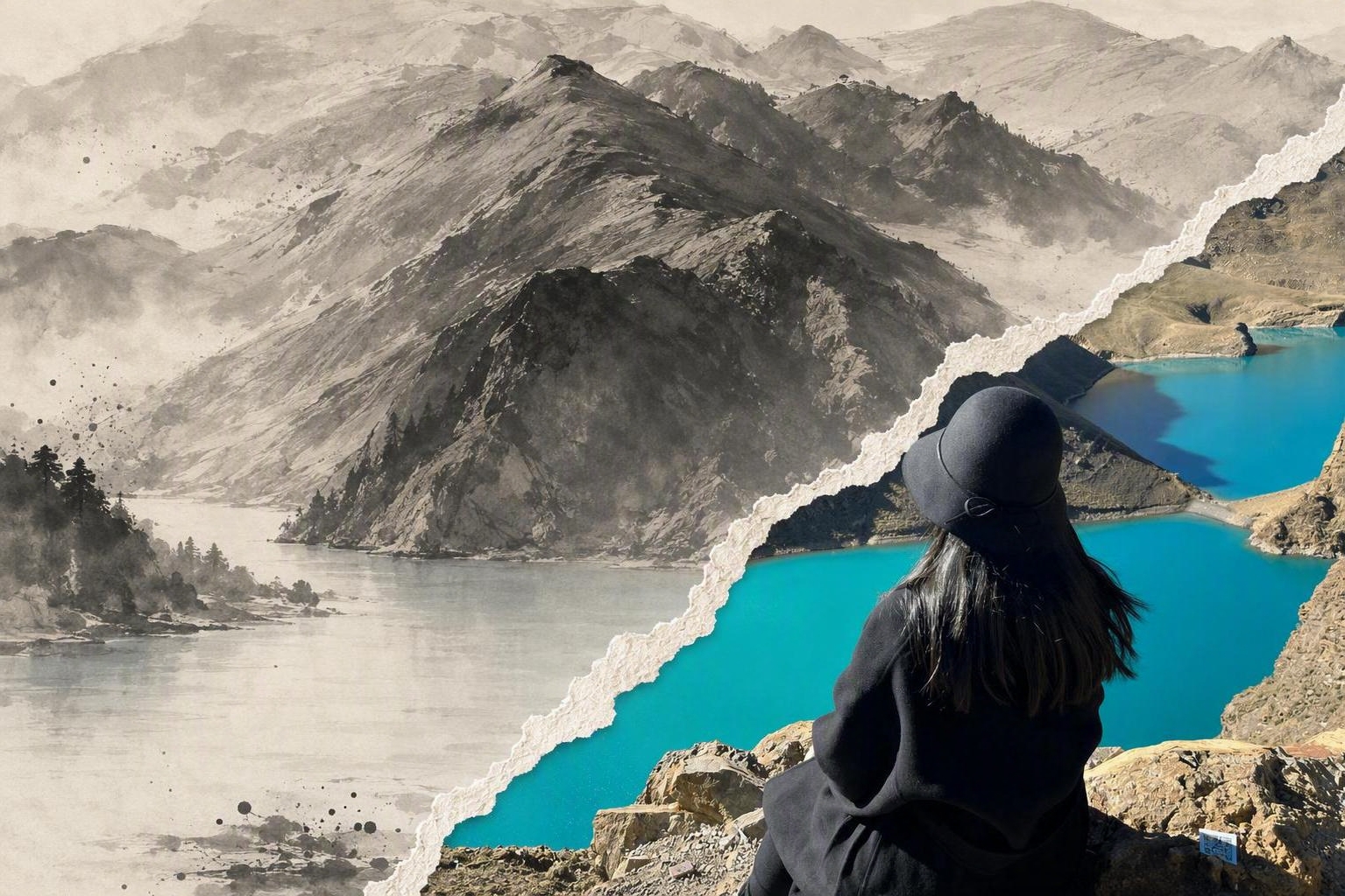 参考图2的构图和人物，将画面沿对角线做手撕纸撕裂效果分隔：左上… - 图片创意预览