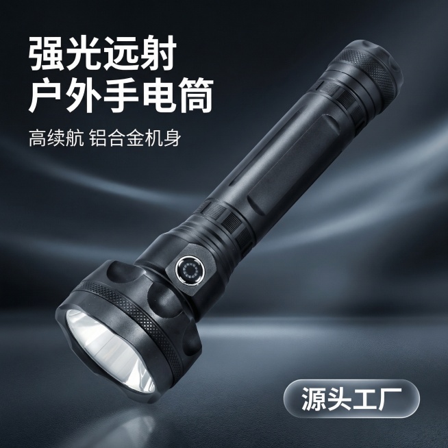 [主图 1] 户外强光手电筒首图，保持原产品外观不变
[氛围/风格] 科技质感，高清商业电商风格，冷调光影，高级质感
[画面元素] 黑色铝合金强光手电筒倾斜20°居中悬浮展示，产品完整清晰，背景为深色预览效果
